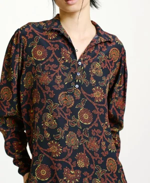 Momoni BLUSA NAGISO IN CREPE DE CHINE STAMPATO- Blu/Arancione Cheap