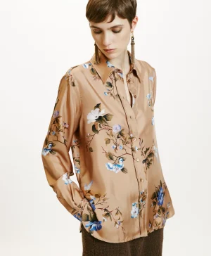 Momoni CAMICIA ARLES IN TWILL DI SETA STAMPATO- Tabacco/Bluette New
