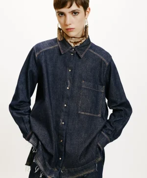 Momoni CAMICIA AURA IN DENIM LAMINATO- Blu/Oro Best Sale