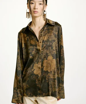 Momoni CAMICIA HAKINARI IN RASO STRETCH STAMPATO- Nero/Oliva Sale