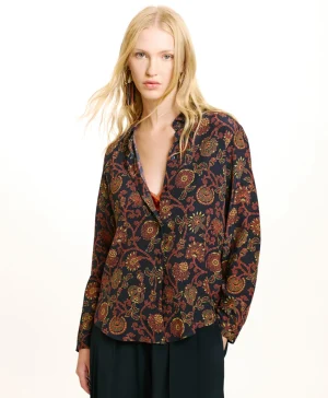 Momoni CAMICIA MEUDON IN CREPE DE CHINE STAMPATO- Blu/Arancione Cheap