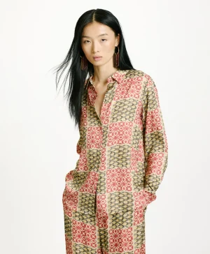 Momoni CAMICIA MEUDON IN VISCOSA JACQUARD STAMPATA- Militare/Corallo Online