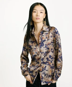 Momoni CAMICIA SIMON IN RASO STRETCH STAMPATO- Fango/Blu Outlet