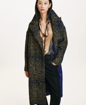 Momoni CAPPOTTO FONTAINEBLEAU IN CHECK BOUCLE- Nero/Blu Hot