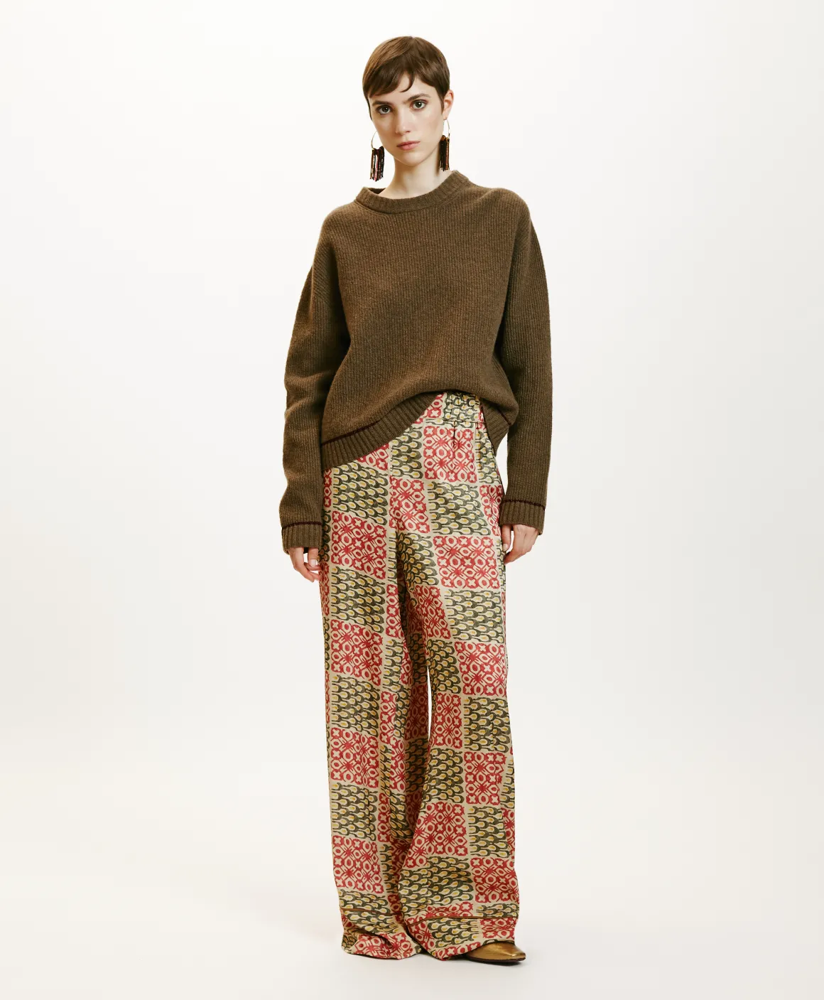 Momoni PANTALONI DAIKI IN VISCOSA JACQUARD STAMPATA- Militare/Corallo New