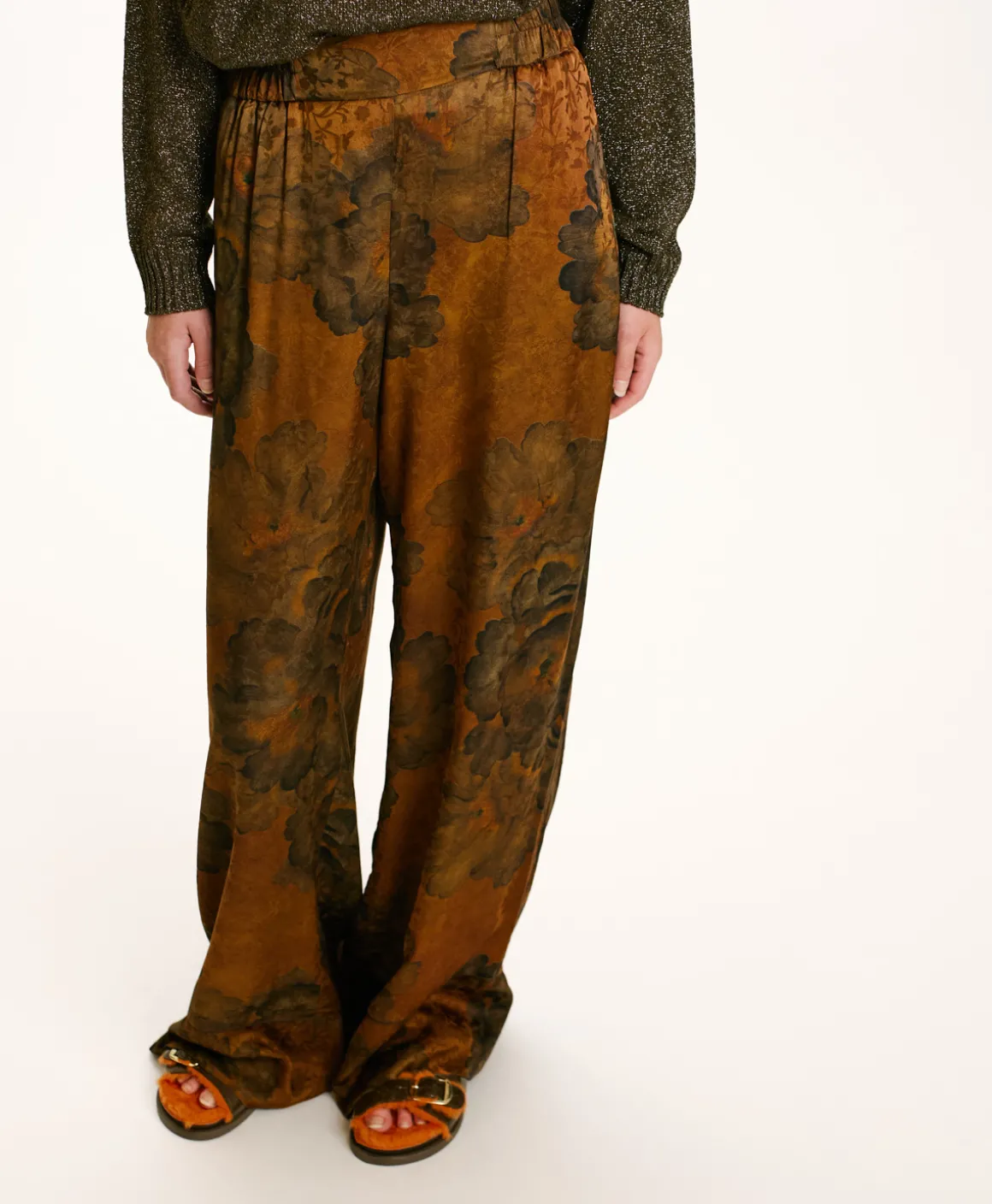 Momoni PANTALONI DAIKI IN VISCOSA JACQUARD STAMPATA- Tabacco/Oliva Store