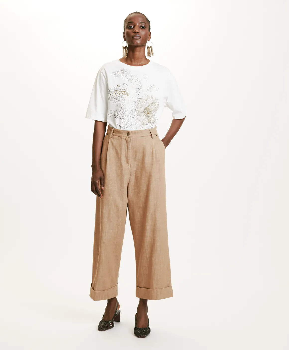 Momoni PANTALONI GRECALE IN DENIM COLOR FERMO- Mandorla Shop