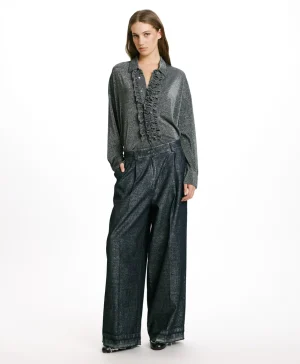 Momoni PANTALONI KYOTO IN DENIM LAMINATO- Blu/Argento Clearance