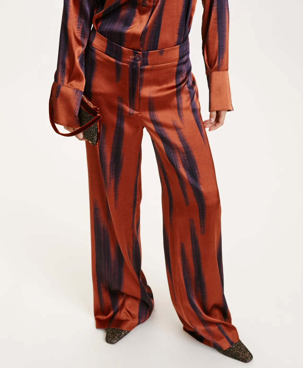 Momoni PANTALONI MISAKI IN RASO STRETCH STAMPATO- Ruggine/Inchiostro Fashion