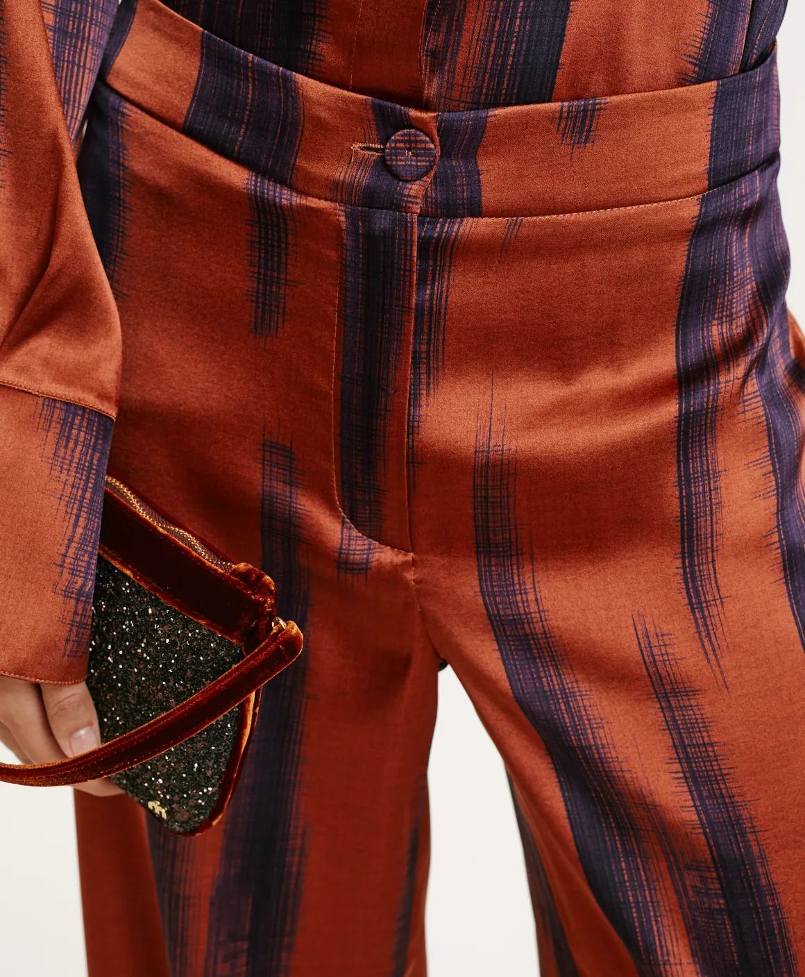 Momoni PANTALONI MISAKI IN RASO STRETCH STAMPATO- Ruggine/Inchiostro Fashion