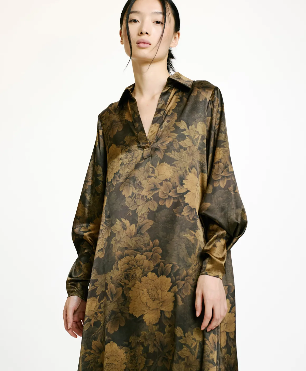 Momoni VESTITO KIKYO IN RASO STRETCH STAMPATO- Nero/Oliva Clearance