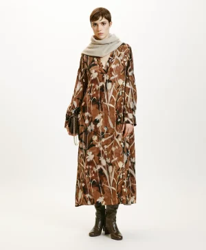 Momoni VESTITO NAO IN CREPE DE CHINE STAMPATO- Cacao/Crema Best