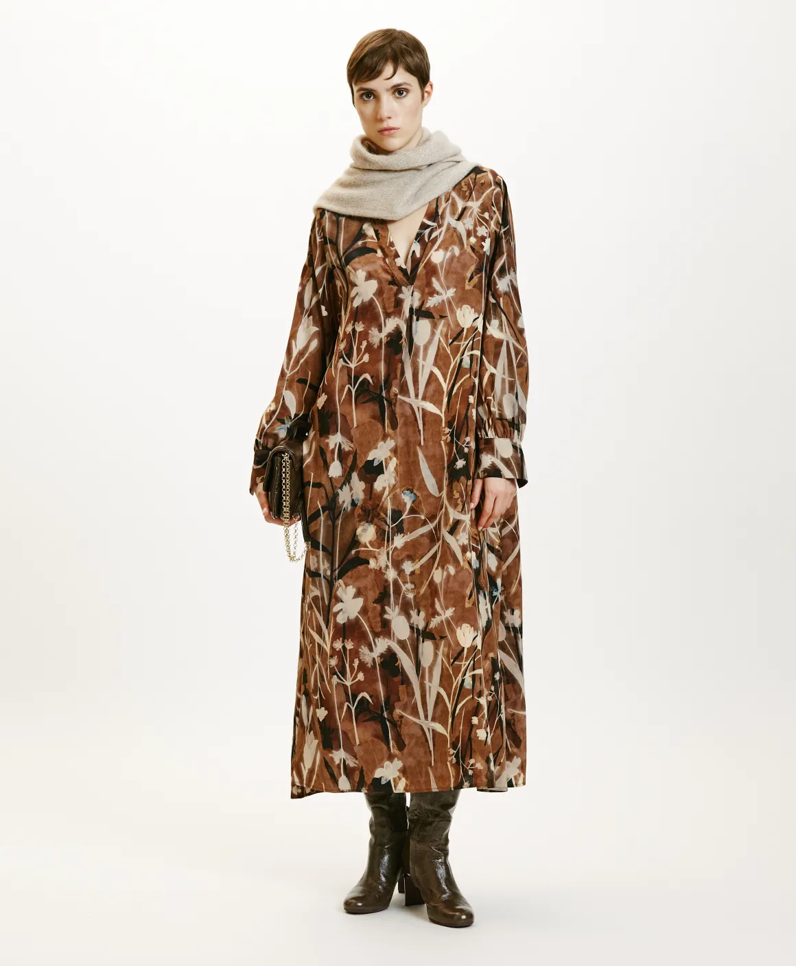 Momoni VESTITO NAO IN CREPE DE CHINE STAMPATO- Cacao/Crema Best